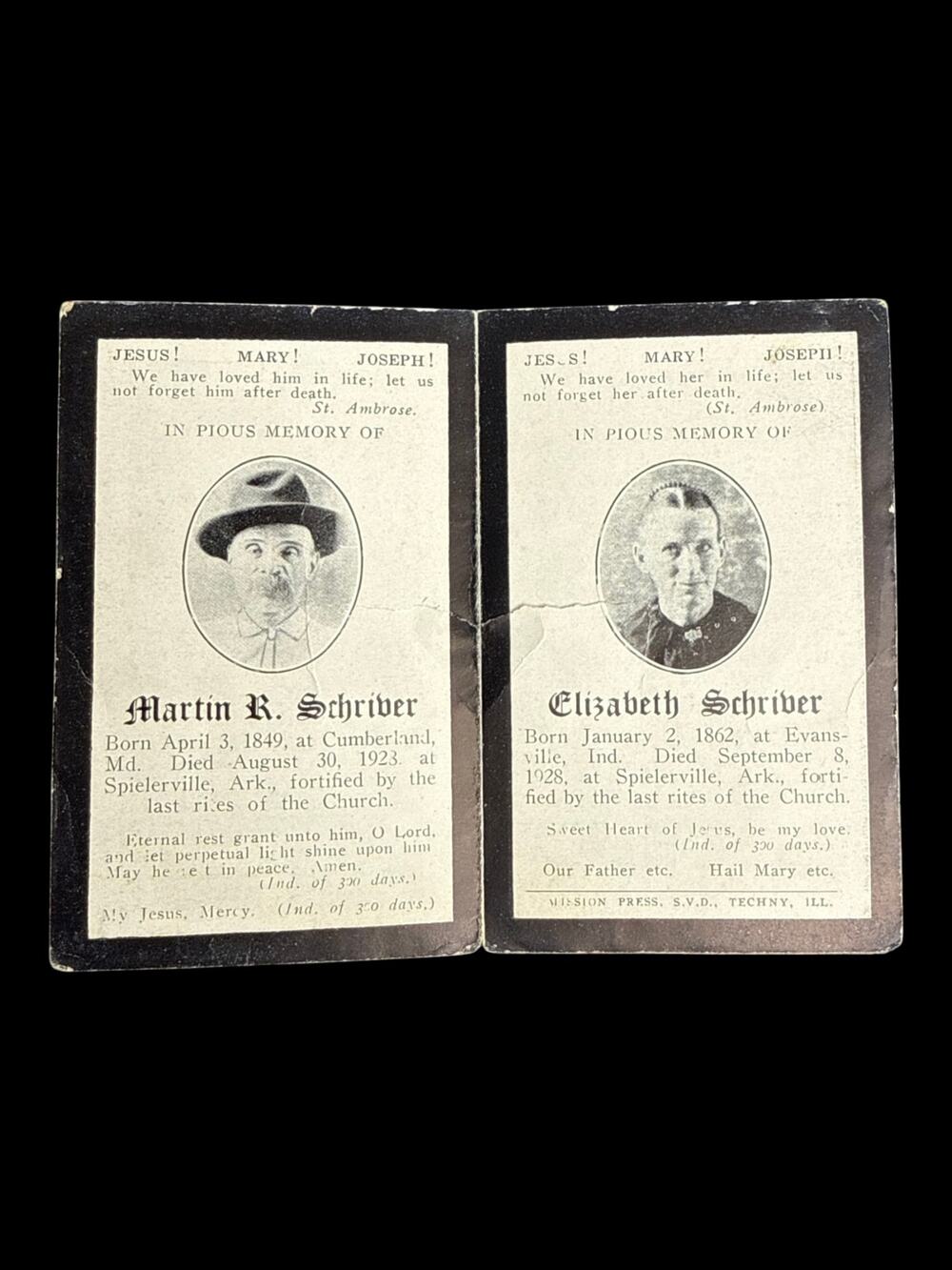 Antique Martin Elizabeth Schriver Spielerville Arkansas Catholic Memorial Card